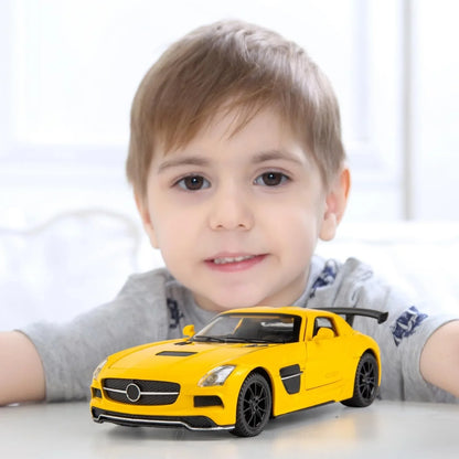 1:32 Mercedes SLS AMG Die-Cast Metal Model Car – Pull Back Toy Car with Openable Doors, Light & Sound (Yellow) - Jaiman Toys