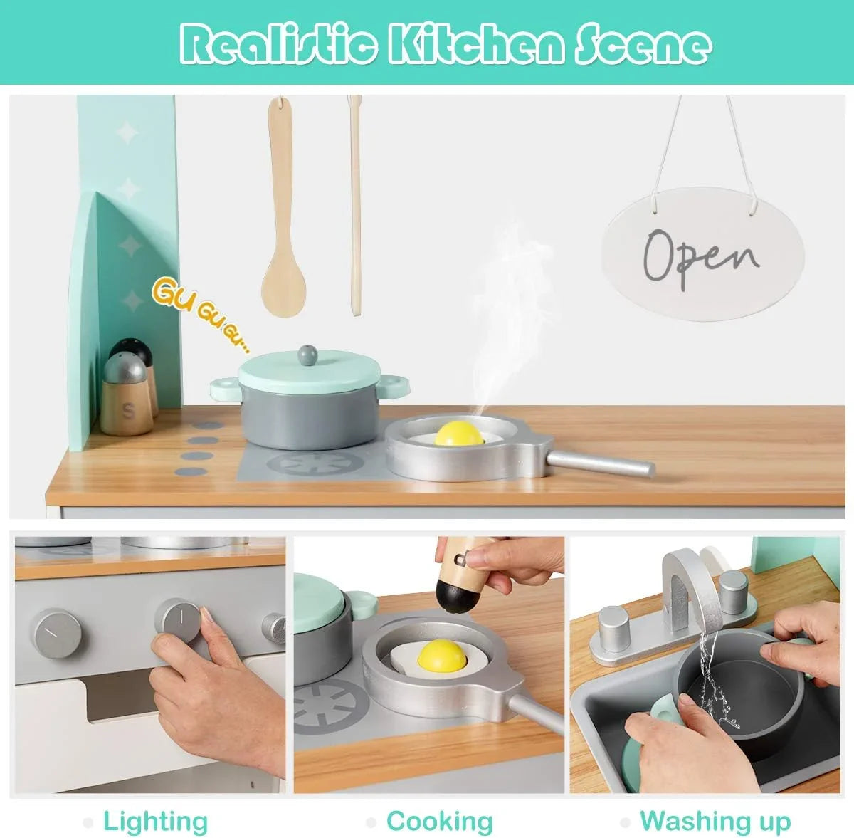 2 In 1 Kids Play Kitchen & Diner Restaurant Wooden Pretend Cooking Playset Kitchen Toys - Hw64636