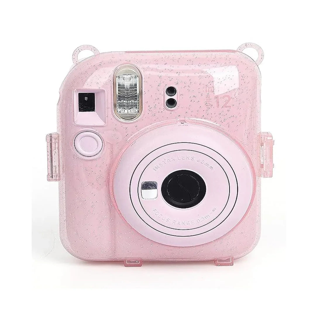 Instax Mini 12 Clear Storage Case – Transparent, Blossom Pink with Strap Photo Pocket