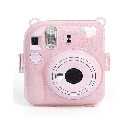 Fujifilm Instax Clear Storage Case for Instax Mini 12 Camera Case Transparent with Shoulder Strap and Camera Sticker with Photo Pocket for Store 10 Photos- Blossom Pink