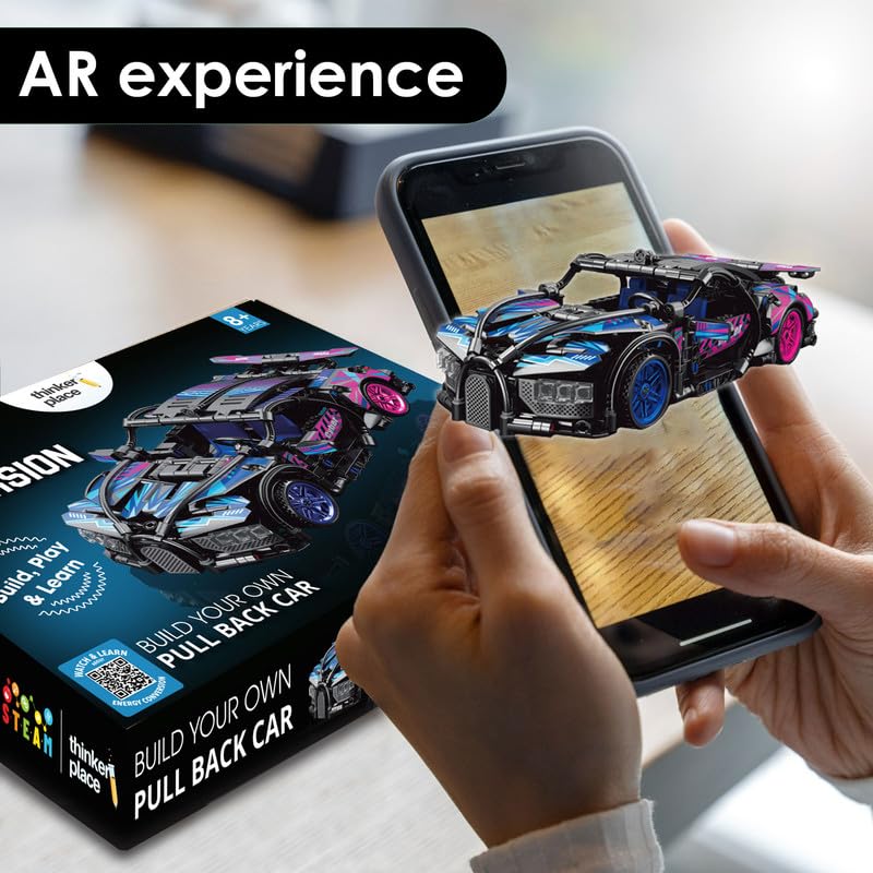 ThinkerPlace 1:18 DIY Blocks Pull-Back Car – Black & Blue | Buildable STEM Construction Racing Toy for Kids 8+