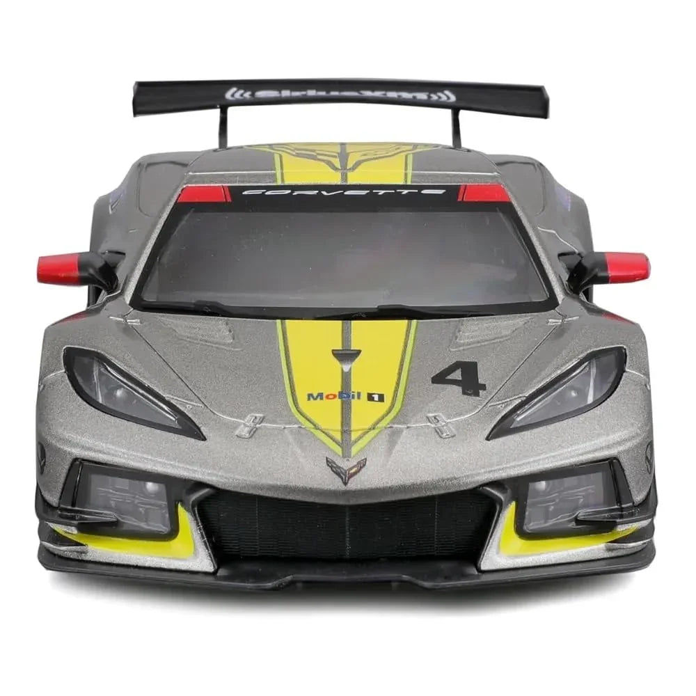 Bburago 1:24 Scale Die‑Cast Model – 2020 Chevrolet Corvette C8.R #4 (Grey Metallic with Yellow Stripes) - Jaiman Toys