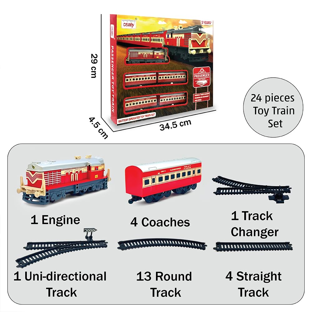 Centy 24-Piece Battery-Operated Passenger Toy Train Set with LED Headlight, 5-Piece Train, Tracks & Manual Track Changer for Kids 3+