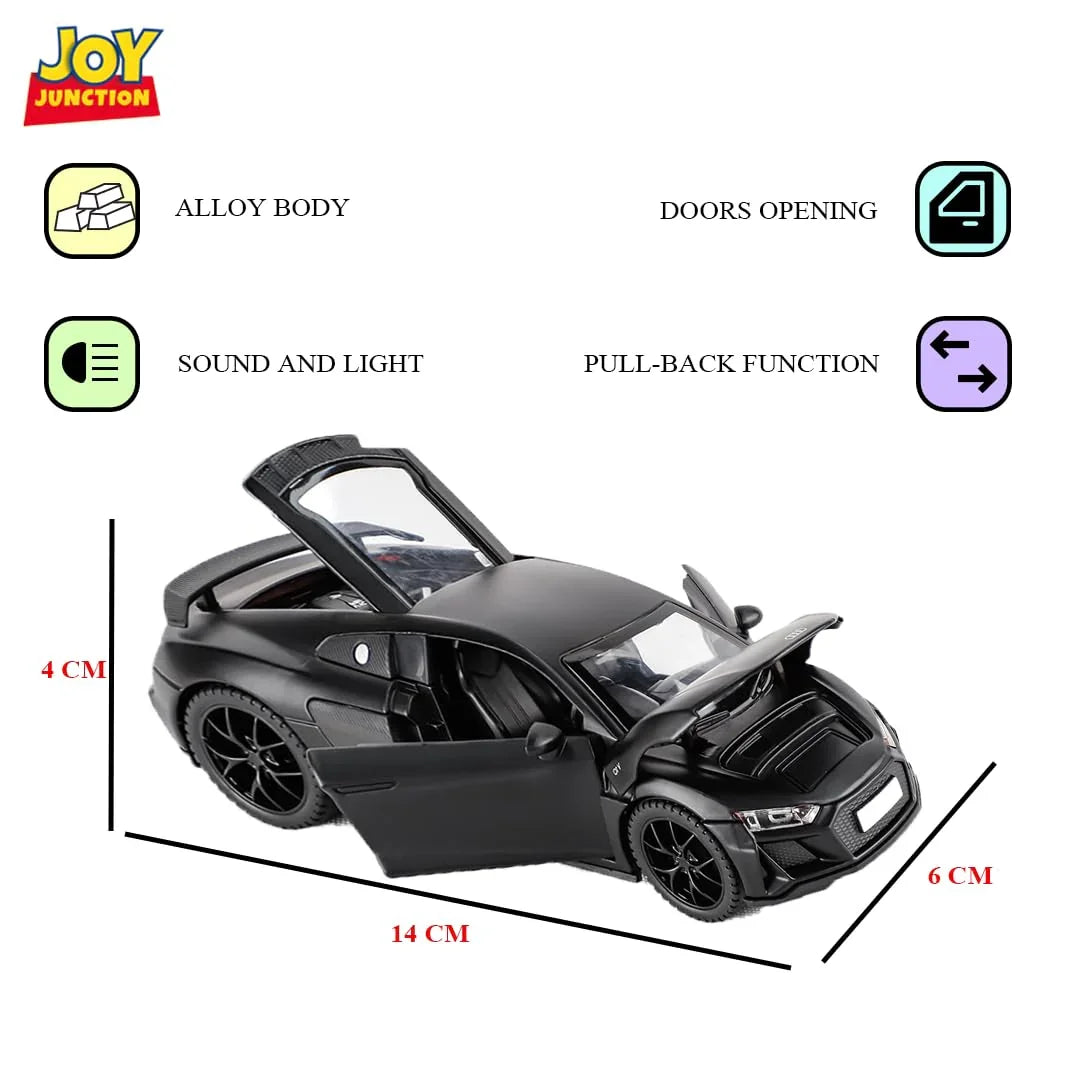 JOY JUNCTION Audi 1:32 Scale Alloy Metal Pullback Die-Cast Car – Black Model with Lights, Music & Openable Doors - Jaiman Toys