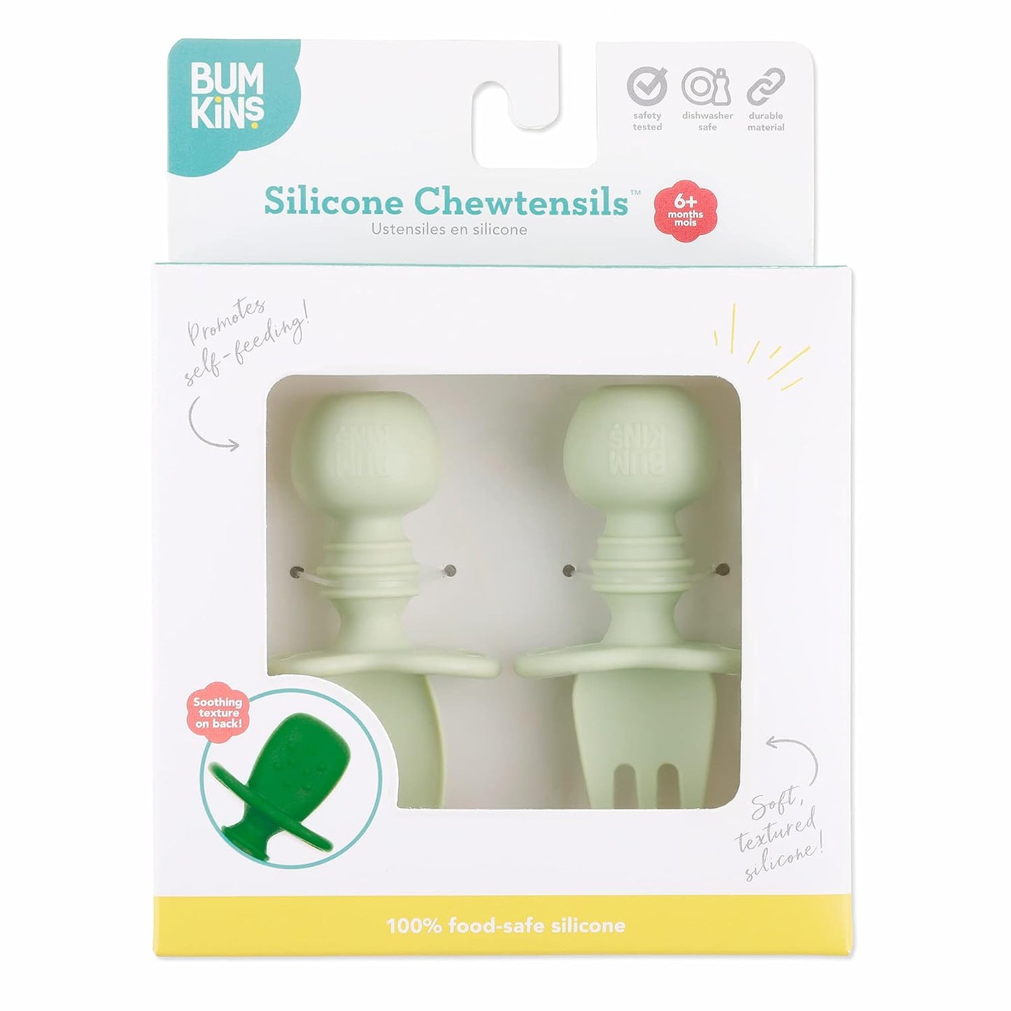 Bumkins Silicone Chewtensils Self-Feeding Baby Spoon & Fork Set – Sage | BPA-Free Food Grade Silicone Toddler Utensils | Easy Grip Baby Training Cutlery for Baby-Led Weaning | 6+ Months