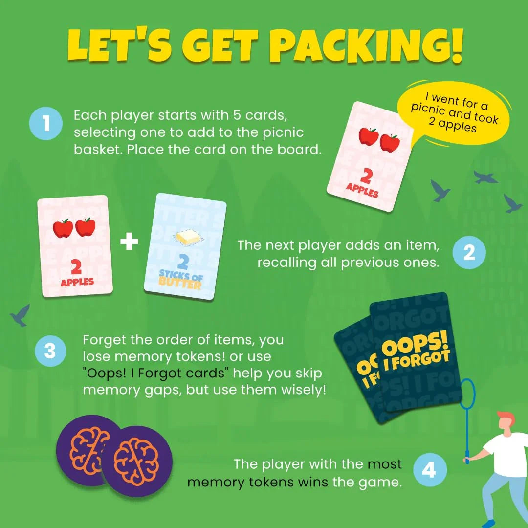 Binca Card Game - I Went for a Picnic, Fun Memory Game for Kids Ages 6 and Up, Cognitive & Concentration Building, Gifts for Boys & Girls, 2-4 Players - Jaiman Toys