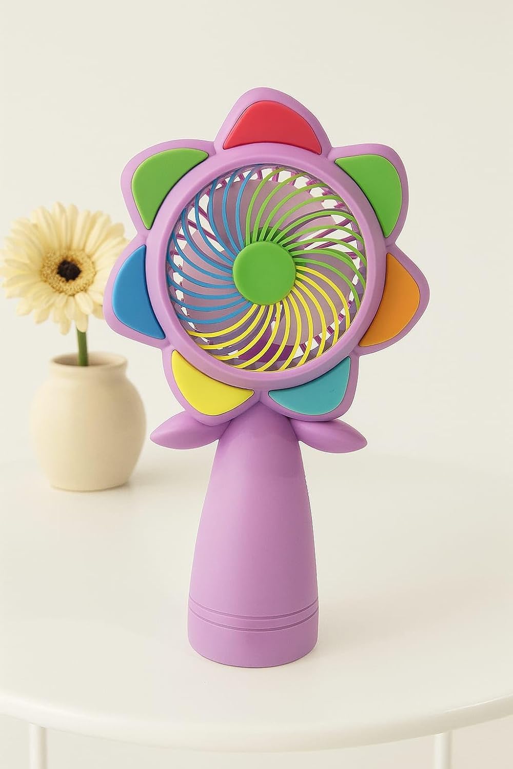 Portable Handheld Mini Fan with LED Lights – Colorful Flower Design Personal Cooling Fan for Travel, Office & Outdoor Use (Pack of 1)