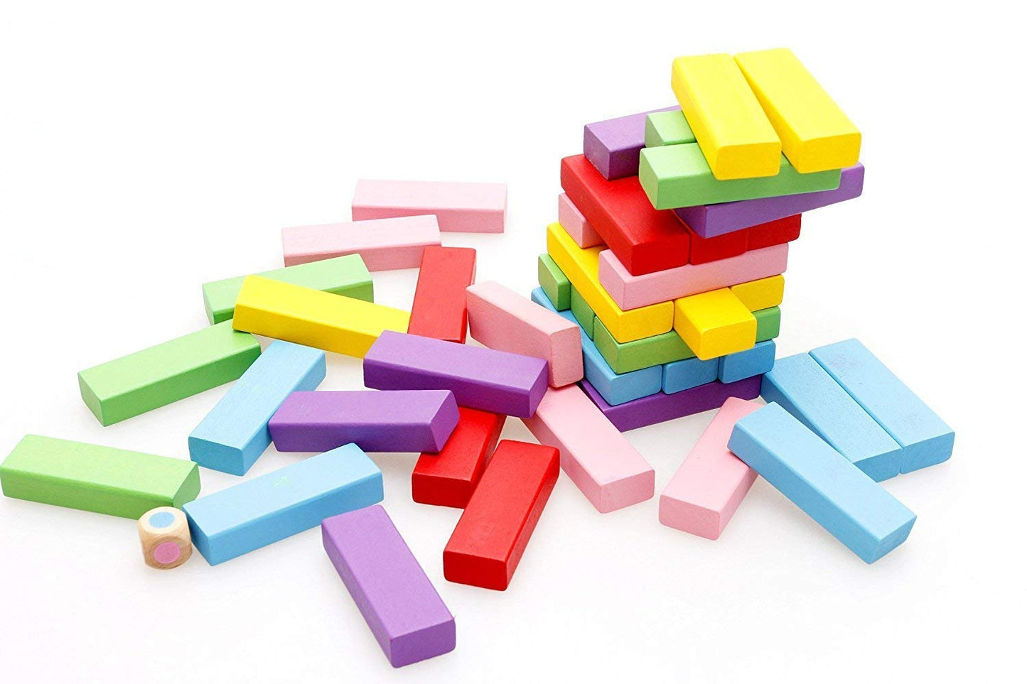 Simarr Coloured Stackeez Wooden Tower Stacking Game – 54 Piece Wooden Blocks with Dice | Classic Family Balance Game for Kids & Adults