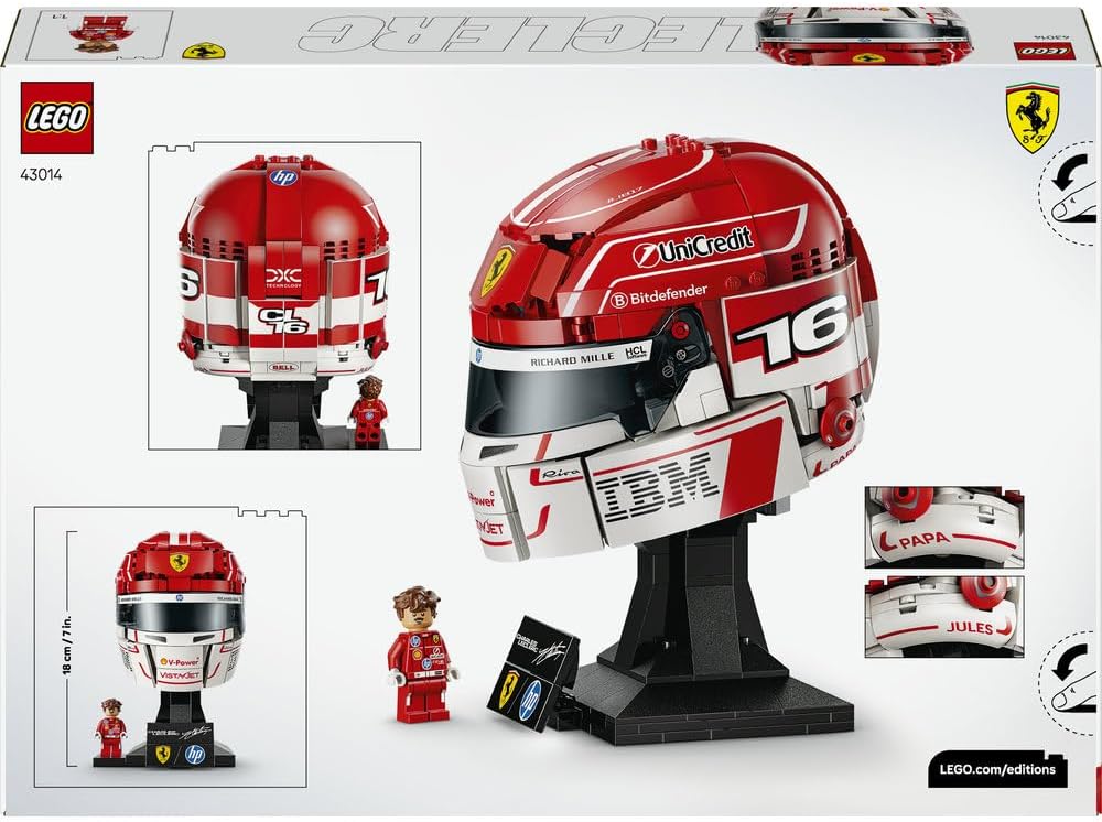 LEGO 43014 Editions Scuderia Ferrari HP Charles Leclerc Helmet - F1 Merchandise - Display Model Kit w/Collectible Minifigure - Gift for 14+ Year Old Boys & Adult Motorsport Fans