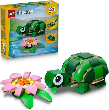 LEGO Creator 31377 3in1 Turtle with a Water Lily Flower Toy - Animal Figure Transforms into a Chameleon or Frog - DIY Desk Decor Idea - Birthday Gift for 7+ Year Old Girls & Boys