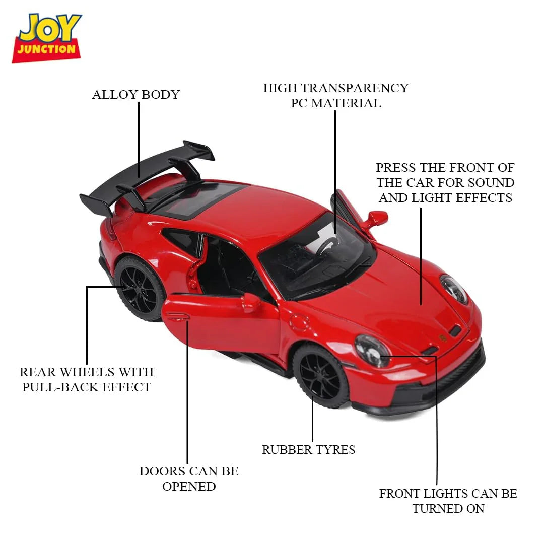 JOY JUNCTION Porsche 1:32 Scale Alloy Metal Pullback Die-Cast Car – Red Model with Lights, Music & Openable Doors - Jaiman Toys