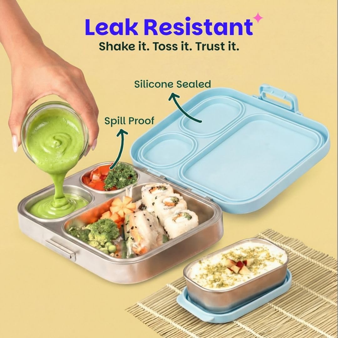Basil Bento Box Quad Plus 1020ml Stainless Steel Lunch Box with Extra Container – Leak-Proof Tiffin Box for Kids & Adults