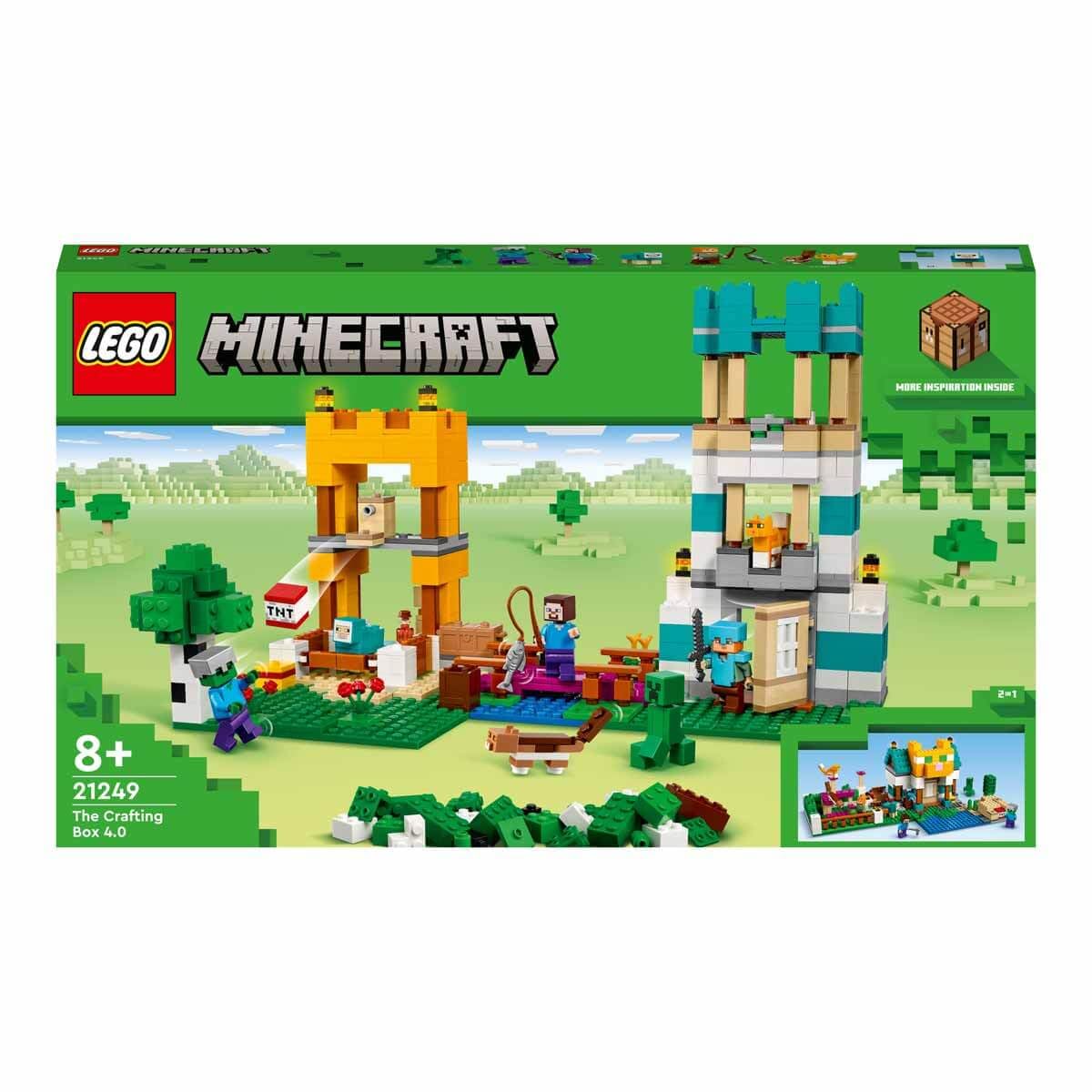 LEGO Minecraft 21249 Crafting Box 4.0: Build Your Adventure with Alex, Steve & Creeper Mobs – 2-in-1 River Tower or Cat Hut Fun