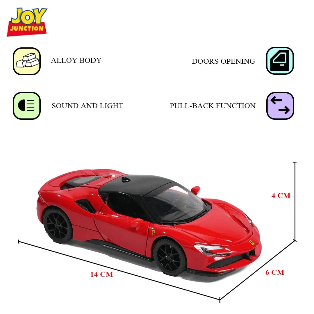 JOY JUNCTION Ferrari 1:32 Scale Alloy Metal Pullback Die-Cast Car – Red with Lights, Music & Openable Doors - Jaiman Toys