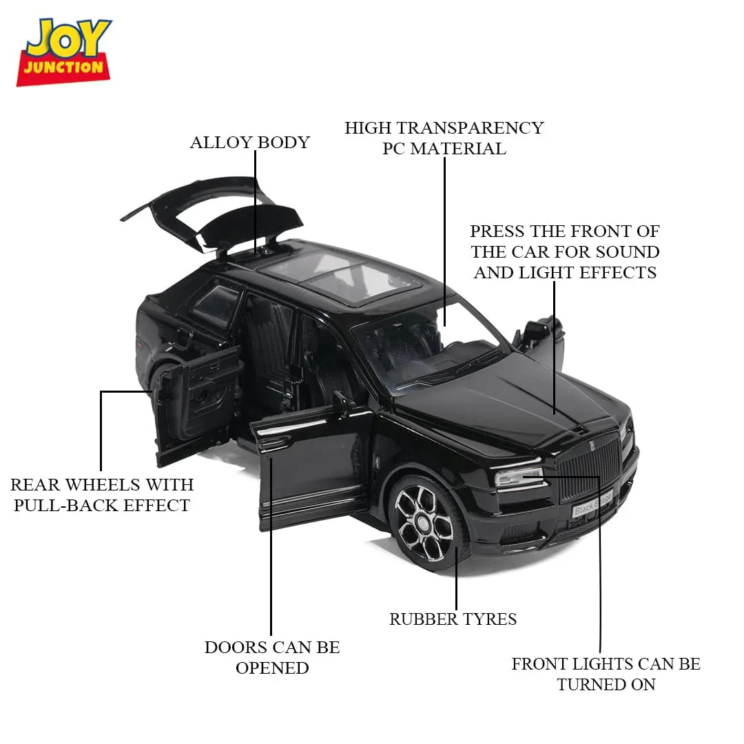 JOY JUNCTION Rolls Royce 1:32 Scale Alloy Metal Pullback Die-Cast Model Car – Black with Lights, Music & Openable Doors - Jaiman Toys