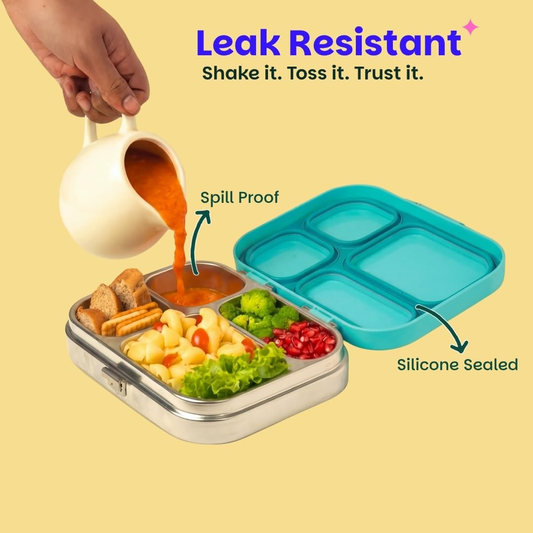 Basil Bento Box Quad 800ml Stainless Steel Lunch Box – 4-Section Leak-Proof Tiffin Box for Kids & Adults