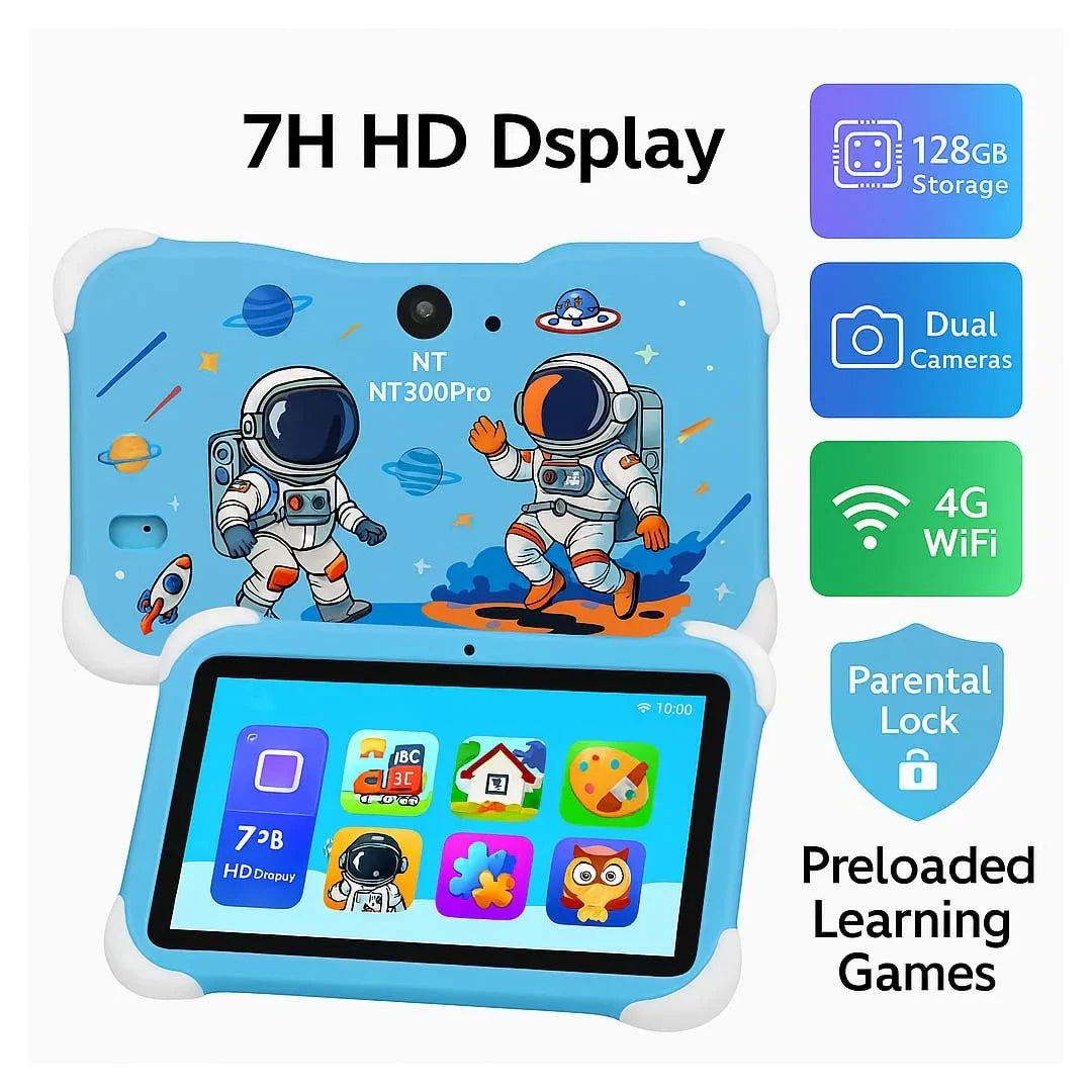Kids Learning Tablet – 7" HD, 128GB, Dual Cameras, 4G/WiFi, Parental Lock, Fall-Proof Cover (Unicorn - Purple) - Jaiman Toys