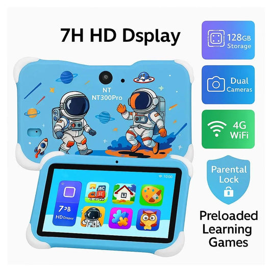 Kids Learning Tablet – 7" HD, 128GB, Dual Cameras, 4G/WiFi, Parental Lock, Fall-Proof Cover (Space - Blue) - Jaiman Toys