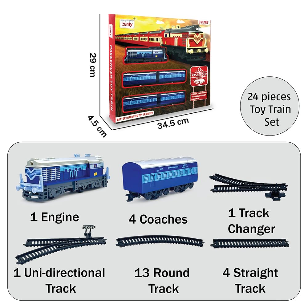 Centy 24-Piece Blue Battery-Operated Passenger Toy Train Set with LED Headlight, 5-Piece Train, Tracks & Manual Track Changer for Kids 3+