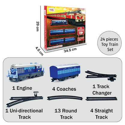 Centy 24-Piece Blue Battery-Operated Passenger Toy Train Set with LED Headlight, 5-Piece Train, Tracks & Manual Track Changer for Kids 3+