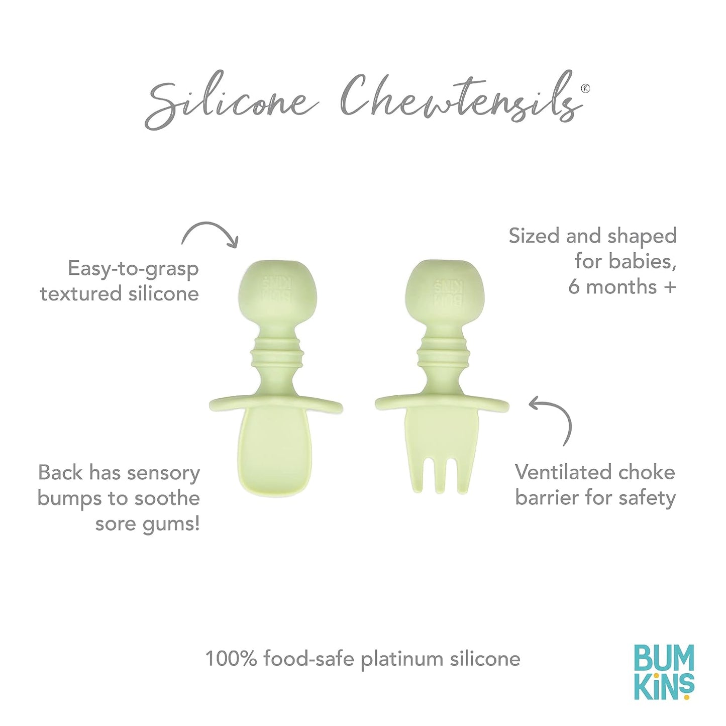 Bumkins Silicone Chewtensils Self-Feeding Baby Spoon & Fork Set – Sage | BPA-Free Food Grade Silicone Toddler Utensils | Easy Grip Baby Training Cutlery for Baby-Led Weaning | 6+ Months