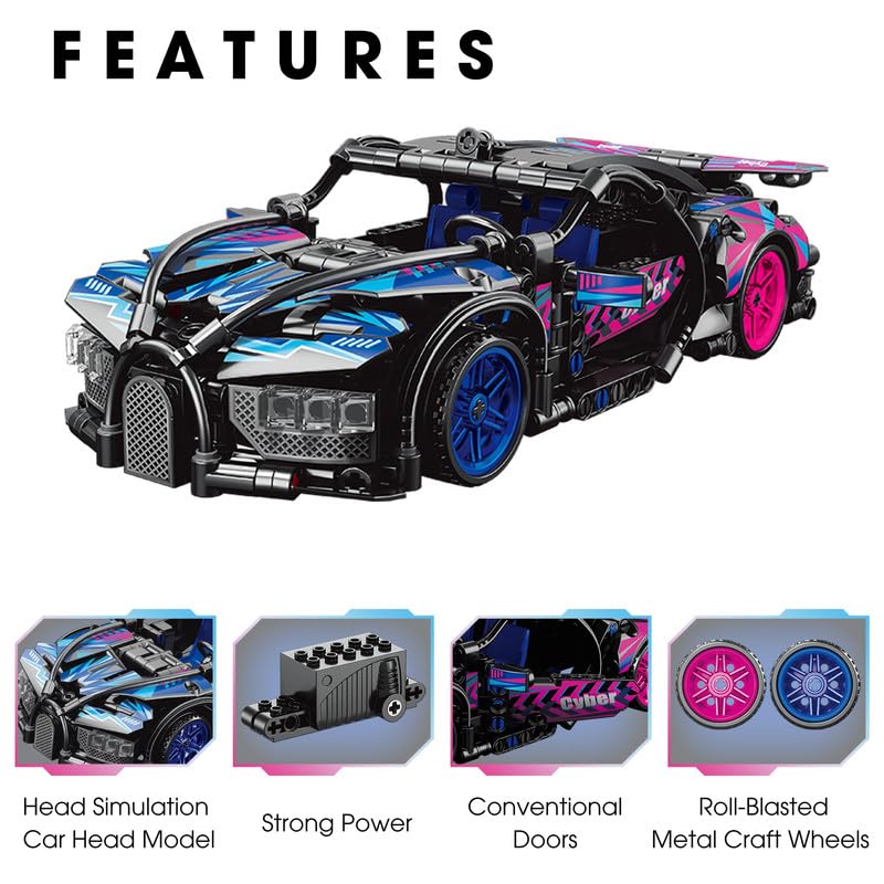 ThinkerPlace 1:18 DIY Blocks Pull-Back Car – Black & Blue | Buildable STEM Construction Racing Toy for Kids 8+