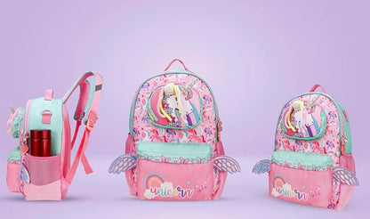 Unicorn School Backpack 15 Inch – Kids Cute Unicorn Wings School Bag for Girls with Side Bottle Pockets