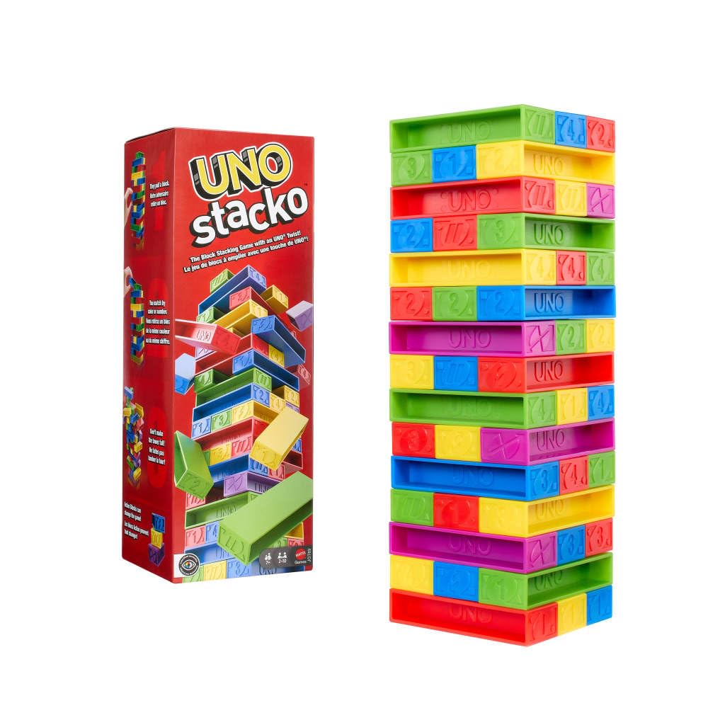 Mattel Games UNO Stacko – 45 Colored Stacking Blocks with Loading Tray | Family Party Game