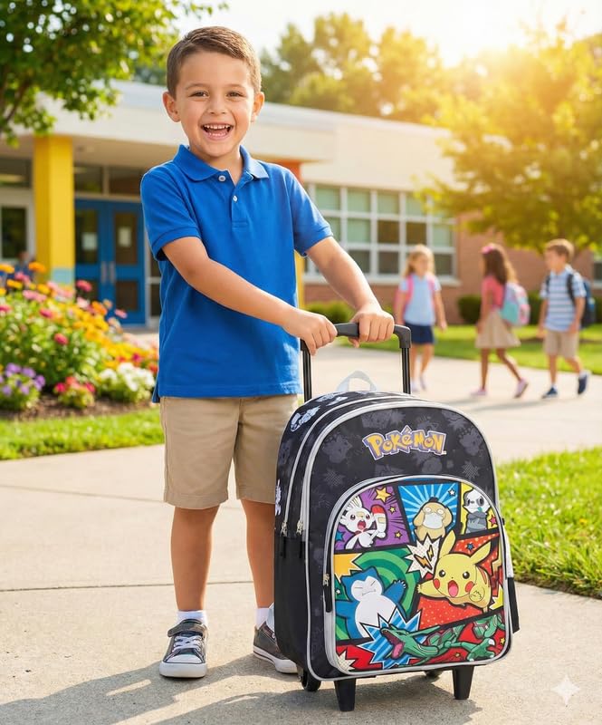 STRIDERS Pokémon School Bag for Kids – 40 cm Rolling Trolley Backpack with Wheels & Padded Straps