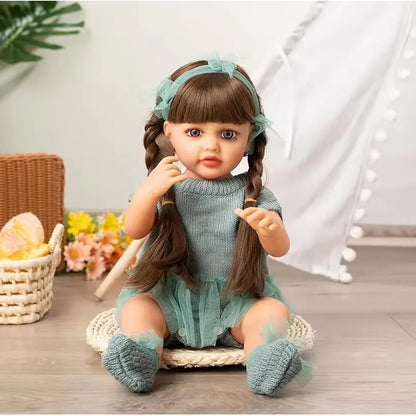 Lifelike Reborn Baby Girl Doll – Toddler with Realistic Sound & Brown Hair And Light Green Knitted Outfit With A Soft Net Skirt