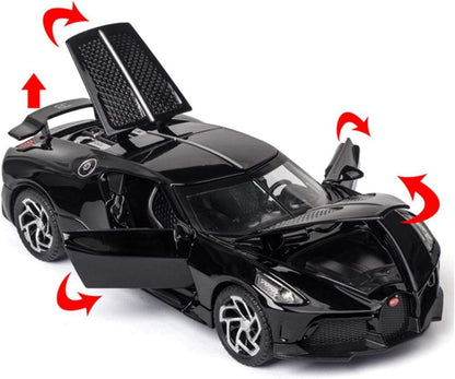 Joy Junction Bugatti La Voiture Noire 1:32 Scale Die-Cast Model Car with Sound & Light – Pull Back Metal Hypercar Toy for Collectors