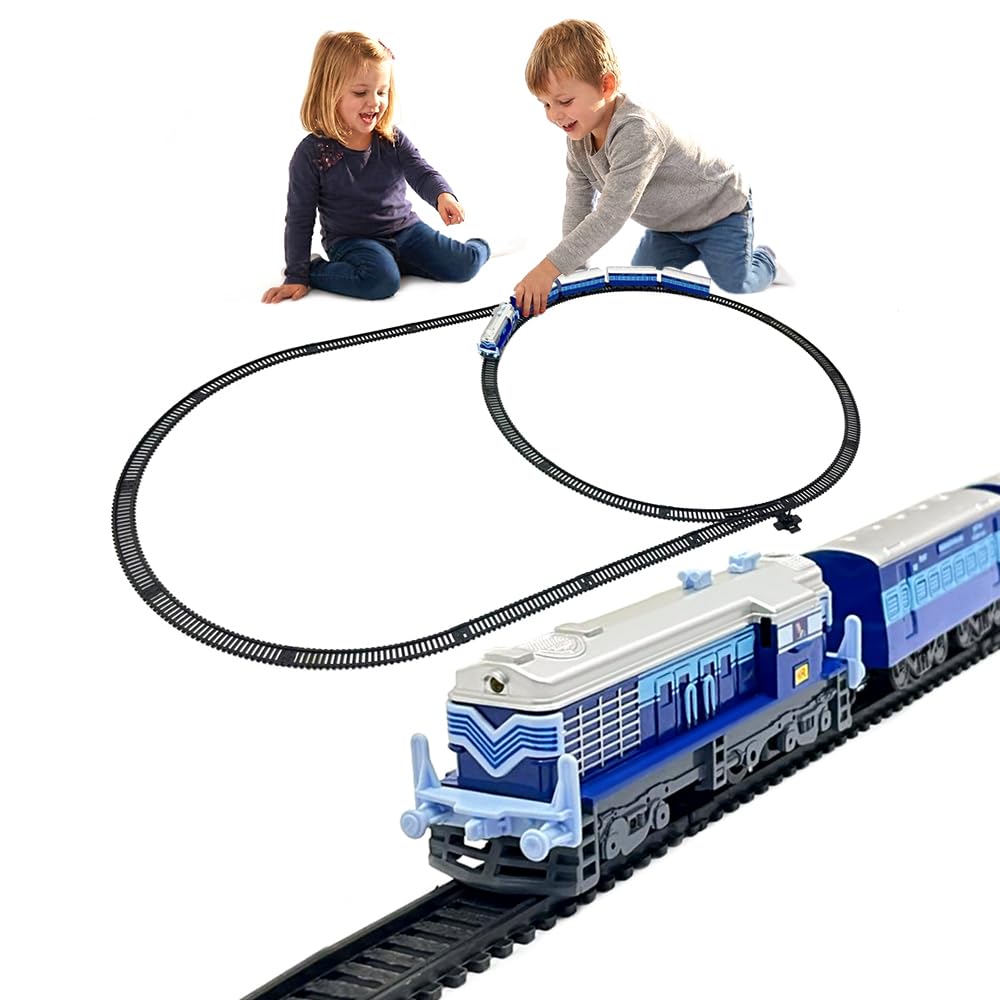 Centy 24-Piece Blue Battery-Operated Passenger Toy Train Set with LED Headlight, 5-Piece Train, Tracks & Manual Track Changer for Kids 3+