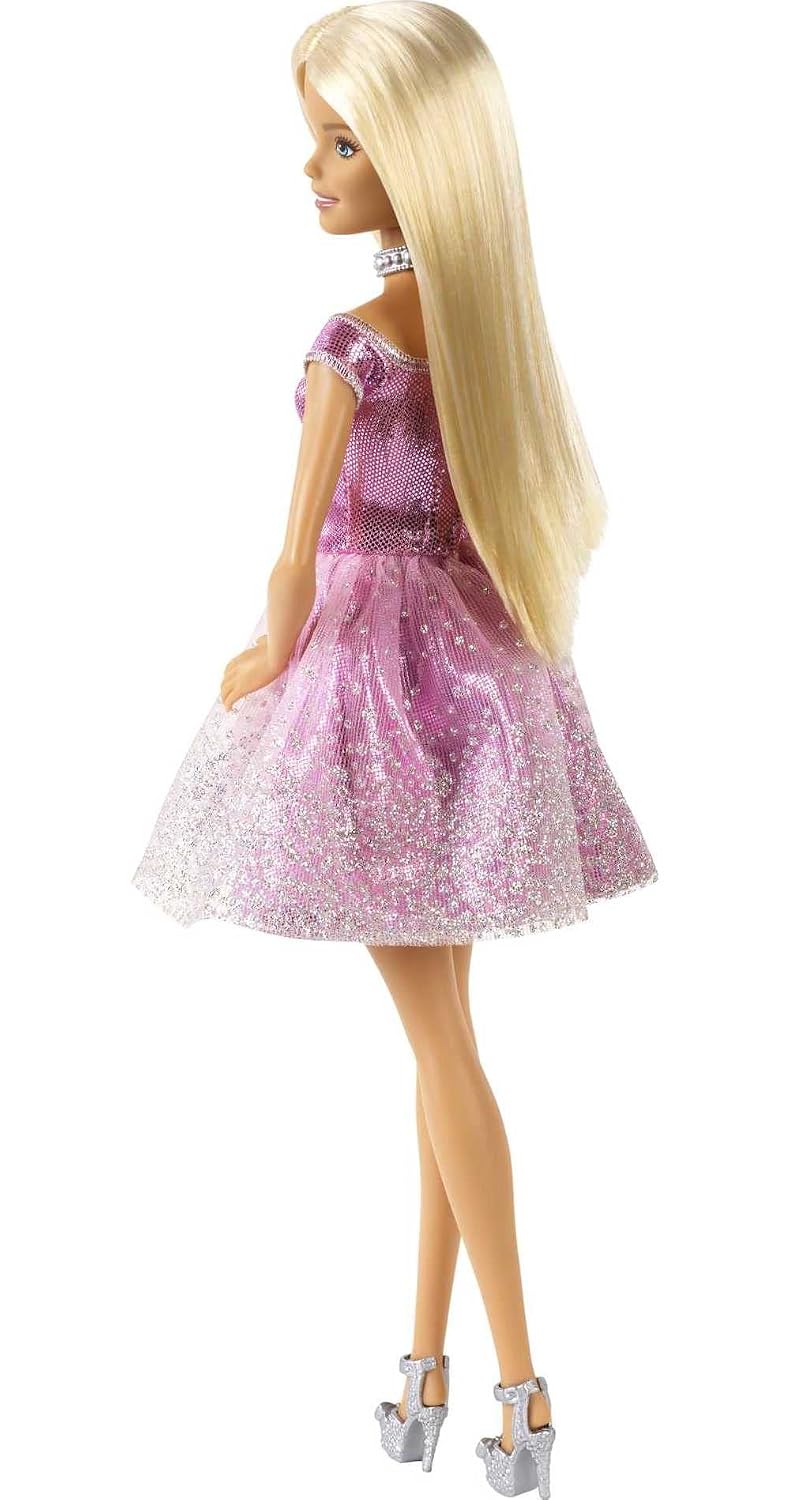 (Creased Box) Barbie Happy Birthday Fashion Doll with Pink Glitter Dress & Gift Accessory (11.5 Inches)  | Mattel Barbie Doll | BGX
