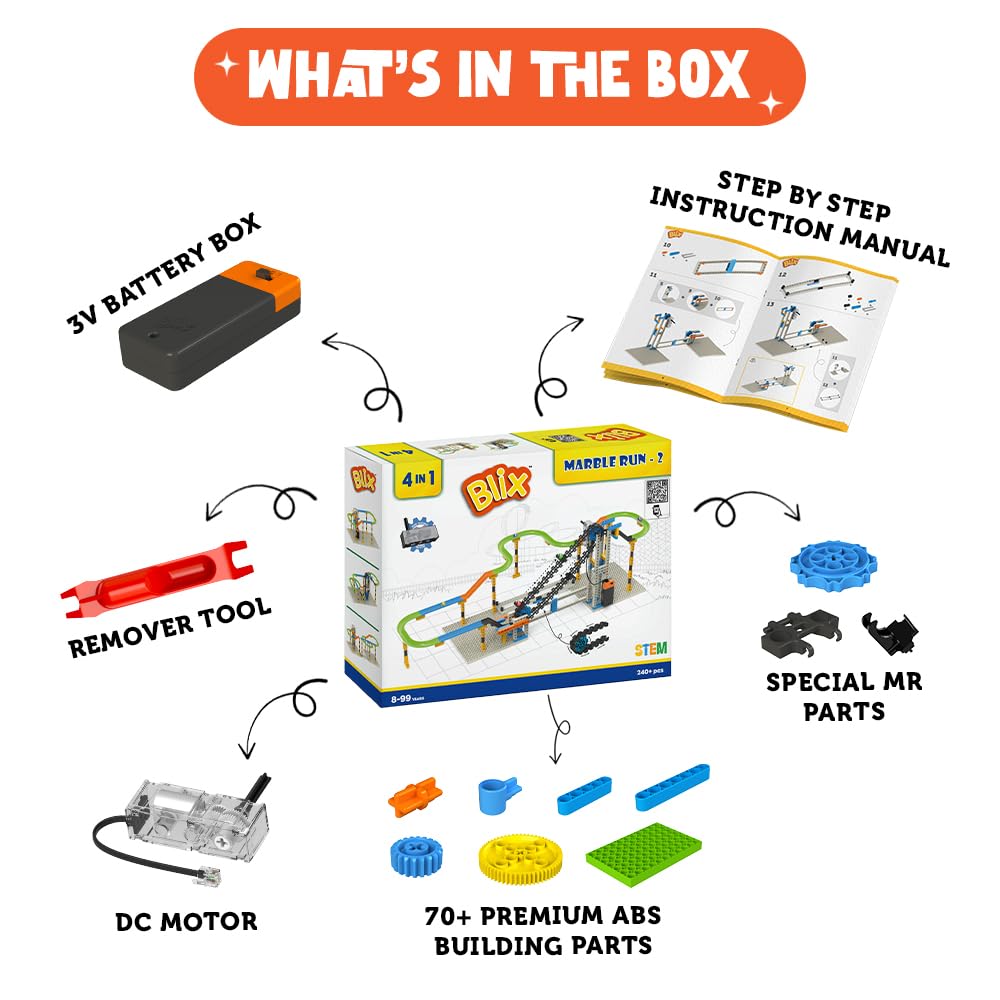Blix Marble Run 2 – 240+ Piece Motorised 4-in-1 STEM Building Kit, Ages 8+