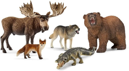 Schleich Wild Life - 5PC North American Animal Figurine Bundle - Realistic Moose, Wolf, Fox, Alligator, and Grizzly Bear Figures  - 3+ | 77417 | Wild Animal Figurine, Realistic Animal Toys,