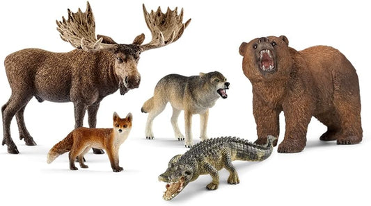 Schleich Wild Life - 5PC North American Animal Figurine Bundle - Realistic Moose, Wolf, Fox, Alligator, and Grizzly Bear Figures  - 3+ | 77417 | Wild Animal Figurine, Realistic Animal Toys,