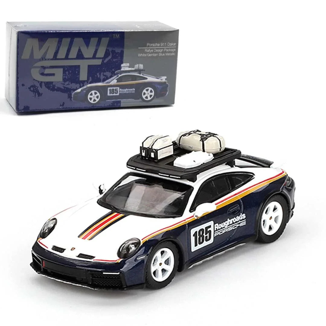 Mini GT Die Cast Collectrors Model Cars: (Porsche 911 Dakar Rallye Design Package White/Gentian Blue Metallic) - Jaiman Toys