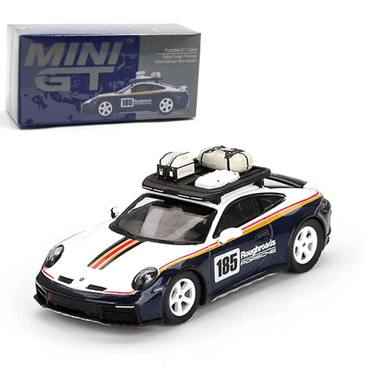 Mini GT Die Cast Collectrors Model Cars: (Porsche 911 Dakar Rallye Design Package White/Gentian Blue Metallic) - Jaiman Toys