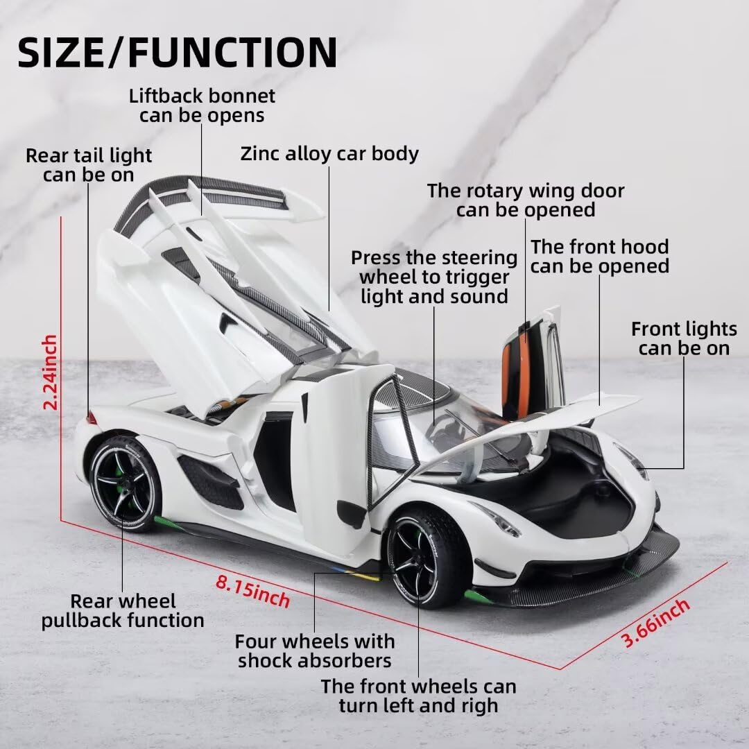 Joy Junction 1:24 Koenig Smoke White Scale Die-Cast Hypercar Model with Sound & Light – Pull Back Metal Sports Car Toy