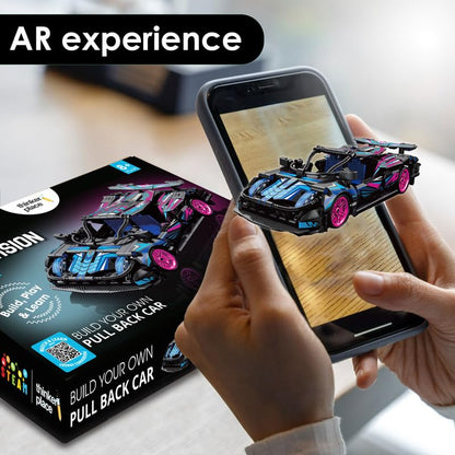 ThinkerPlace 1:18 DIY Blocks Pull-Back Car – Pink & Black | Buildable STEM Construction Racing Toy for KidsV 8+