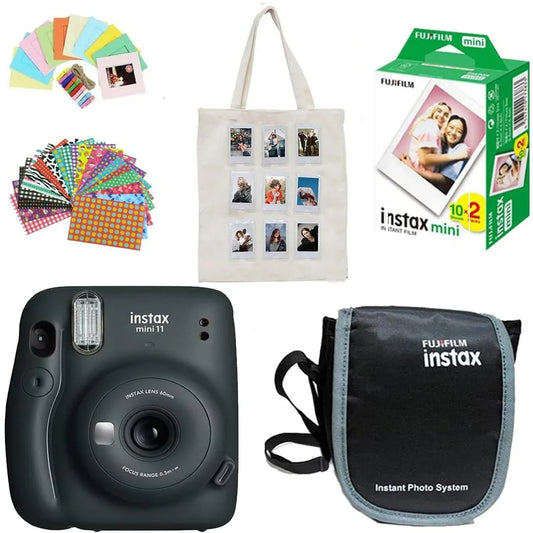 Fujifilm Instax Mini 11 Instant Camera + 20 Photo Shots + Photo Hanging 1 Set + Photo Stickers 1 Set + Carrying Case + Custome Photo Tote Bag - Charcoal Grey - Jaiman Toys