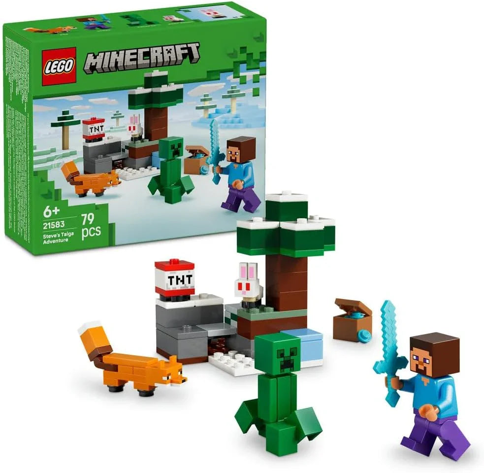 LEGO Minecraft 21583 Steve's Taiga Adventure Toy - incl. a Steve Minifigure with a Diamond Sword, Creeper, Fox, Baby Bunny Figures - Gaming Gift for 6+ Year Old Boys & Girls
