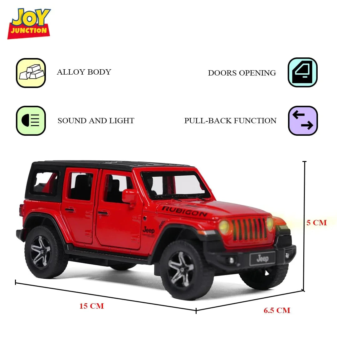 JOY JUNCTION Jeep Rubicon 1:32 Scale Die-Cast Alloy Model Car with Pullback Action, Openable Doors, Light & Music – Red - Jaiman Toys