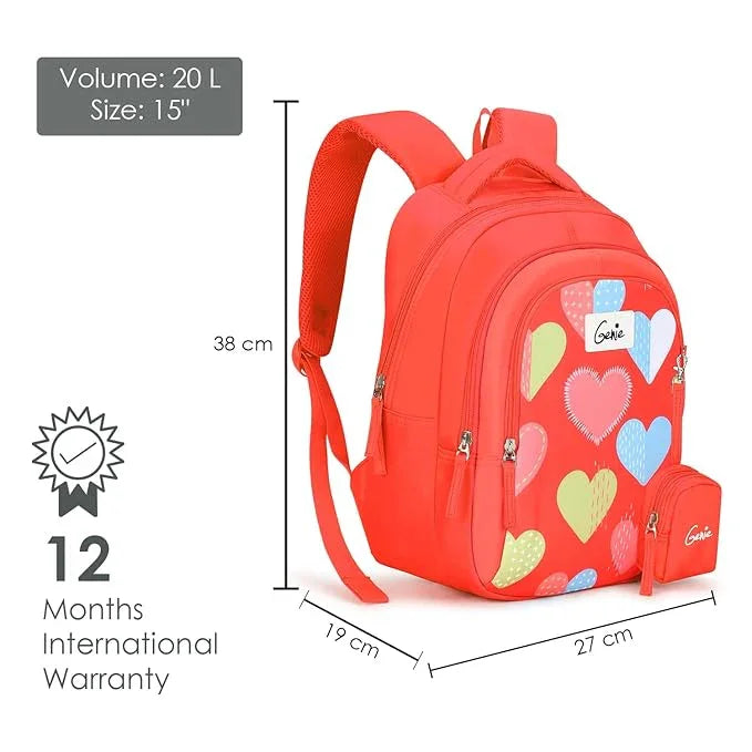 Genie Maisy Kids Backpacks, 15 inches, Cute, Colourful bags for girls, Water Resistant and Lightweight. 3 compartment with Happy Pouch - Jaiman Toys