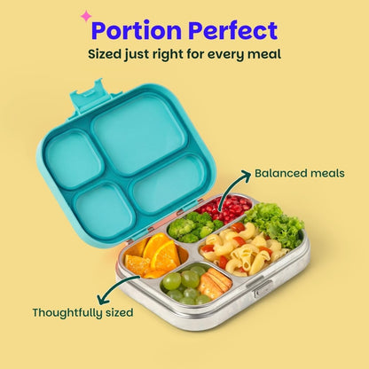 Basil Bento Box Quad 800ml Stainless Steel Lunch Box – 4-Section Leak-Proof Tiffin Box for Kids & Adults