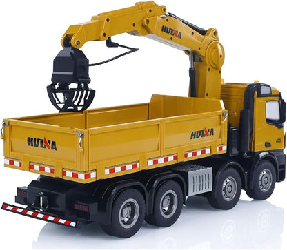 Huina Toys 1538 1:14 Scale Professional R/C Timber Grapple Dump Truck | 26-Function 2.4GHz Remote Control Logging Truck with Alloy Crane, Grapple, Hook & Dump Bed