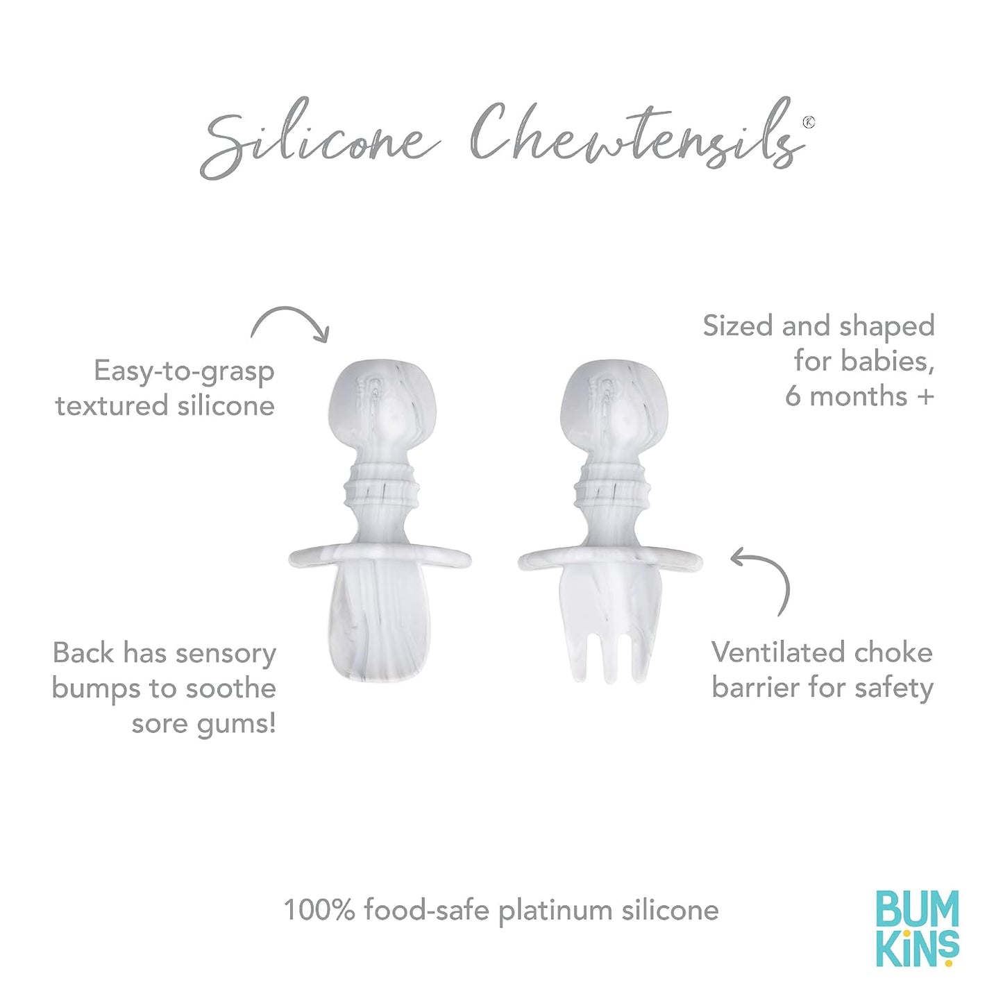 Bumkins Silicone Chewtensils Self-Feeding Baby Spoon & Fork Set – Marble | BPA-Free Food Grade Silicone Toddler Training Utensils | Baby-Led Weaning (BLW) Feeding Set for Infants 6+ Months