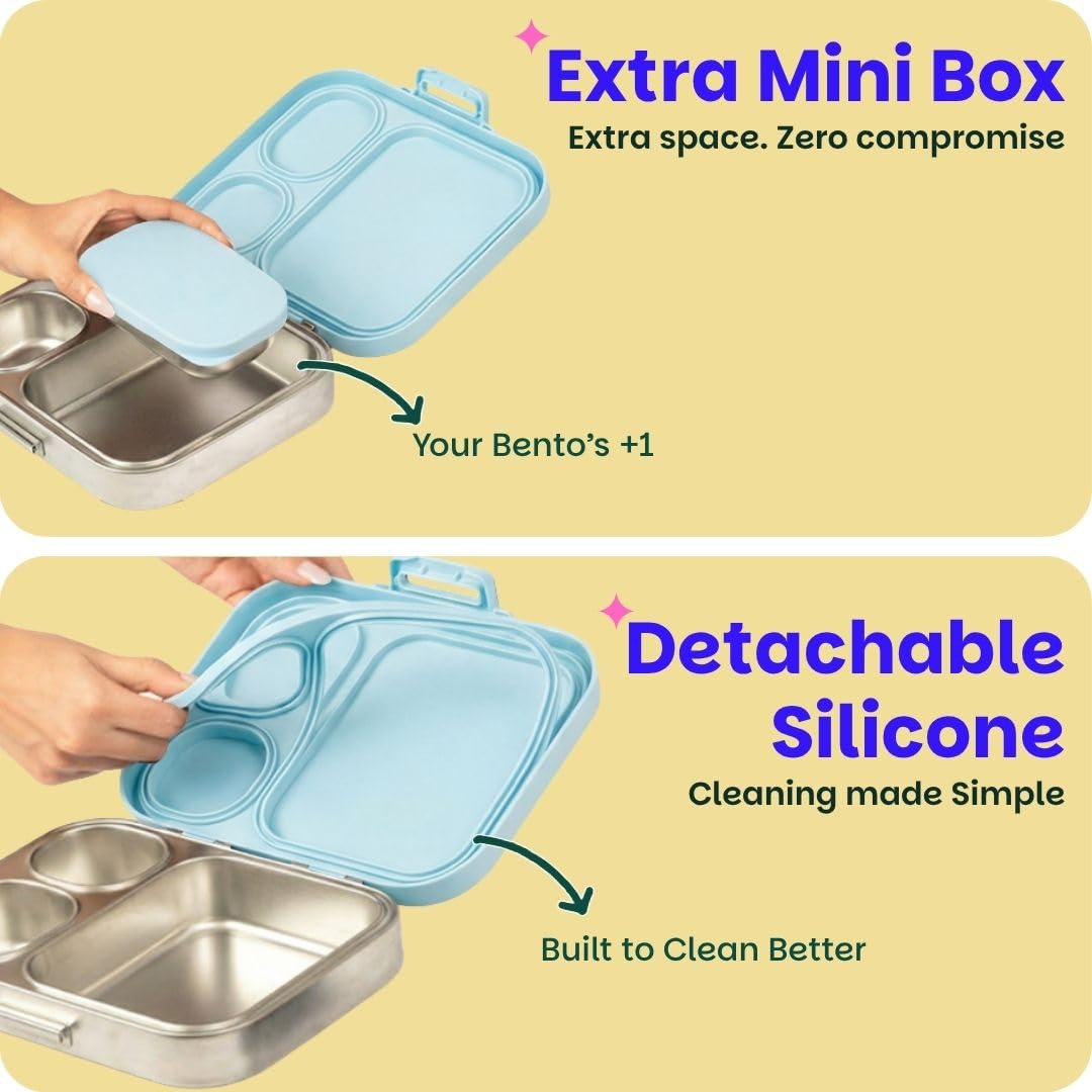 Basil Bento Box Quad Plus 1020ml Stainless Steel Lunch Box with Extra Container – Leak-Proof Tiffin Box for Kids & Adults