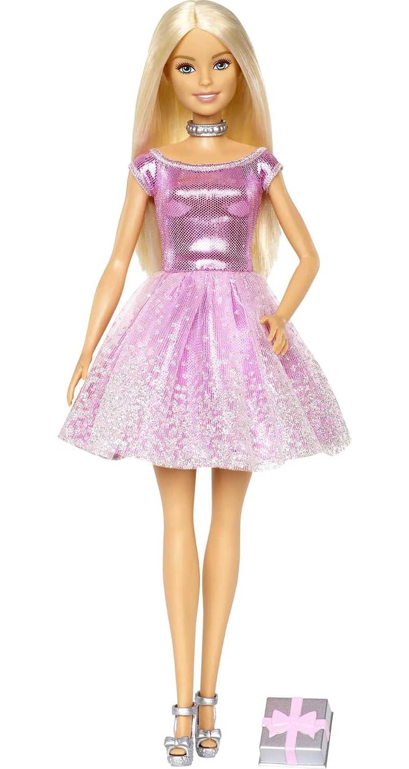 (Creased Box) Barbie Happy Birthday Fashion Doll with Pink Glitter Dress & Gift Accessory (11.5 Inches)  | Mattel Barbie Doll | BGX