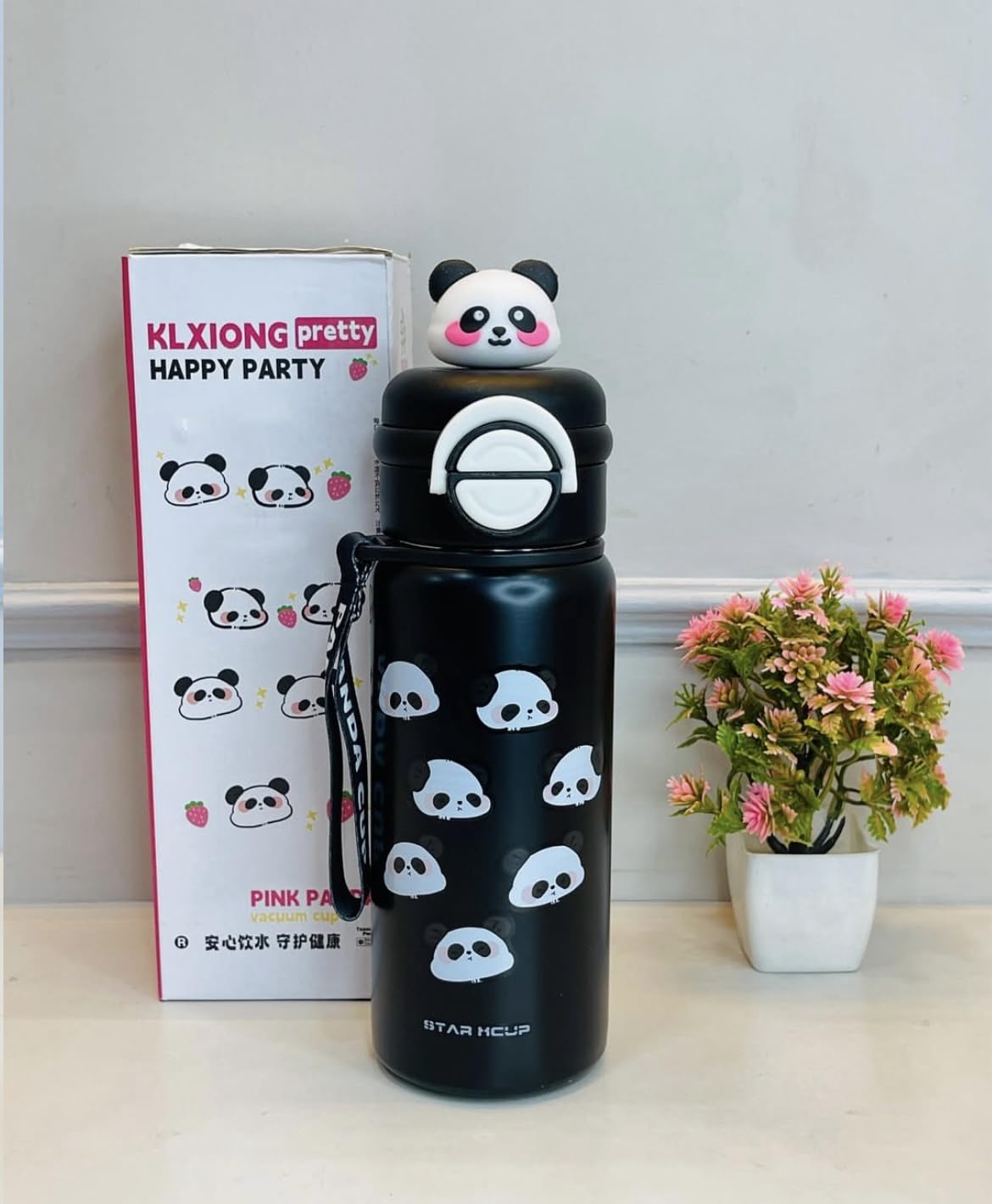 Panda Kids Water Bottle 500ML with Straw Lid – Leakproof Cartoon School Water Bottle for Children (Black)